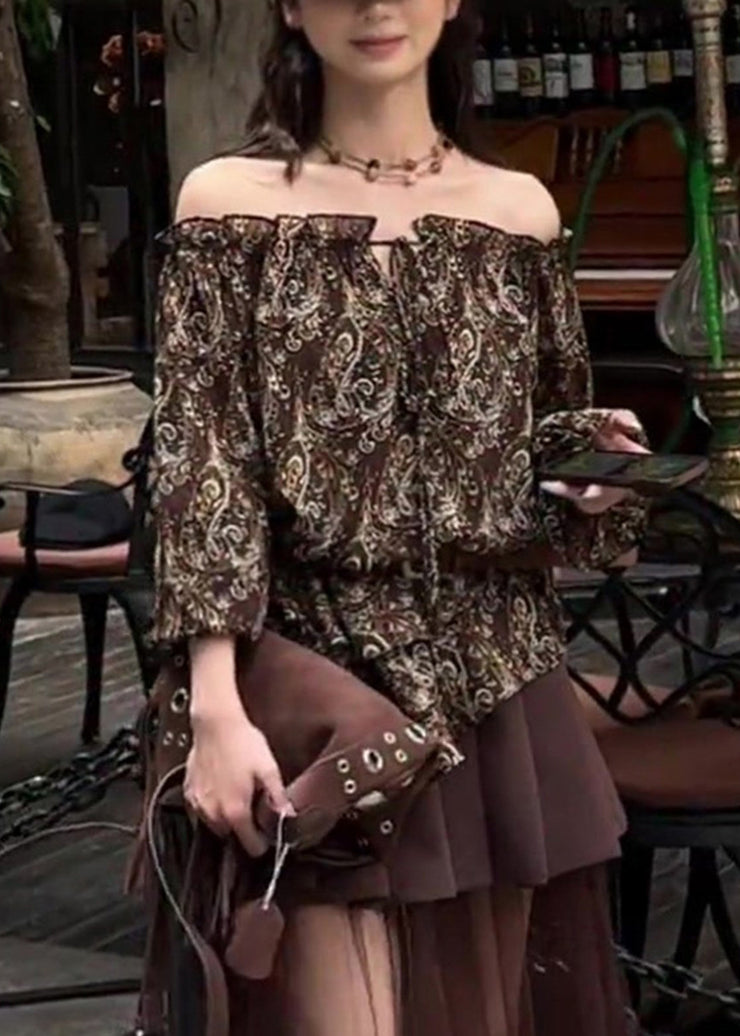 Style Chocolate Cold Shoulder Print Cotton Blouse Top Fall
