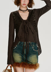 Style Chocolate Lace Up Butterfly Cotton Cardigans Spring