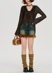 Style Chocolate Lace Up Butterfly Cotton Cardigans Spring