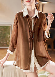 Style Coffee False Two Pieces Patchwork Chiffon Top Summer