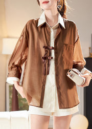 Style Coffee False Two Pieces Patchwork Chiffon Top Summer