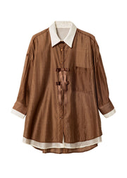 Style Coffee False Two Pieces Patchwork Chiffon Top Summer