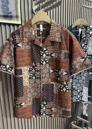 Style Coffee Peter Pan Collar Print Pockets Cotton Men Shirts Summer