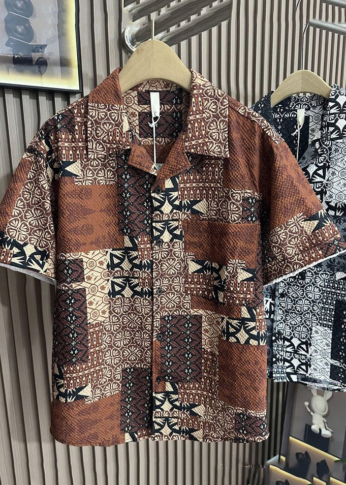 Style Coffee Peter Pan Collar Print Pockets Cotton Men Shirts Summer
