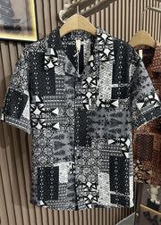 Style Coffee Peter Pan Collar Print Pockets Cotton Men Shirts Summer
