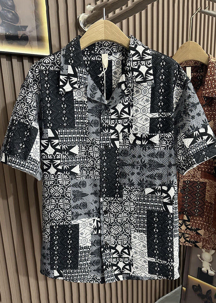 Style Coffee Peter Pan Collar Print Pockets Cotton Men Shirts Summer