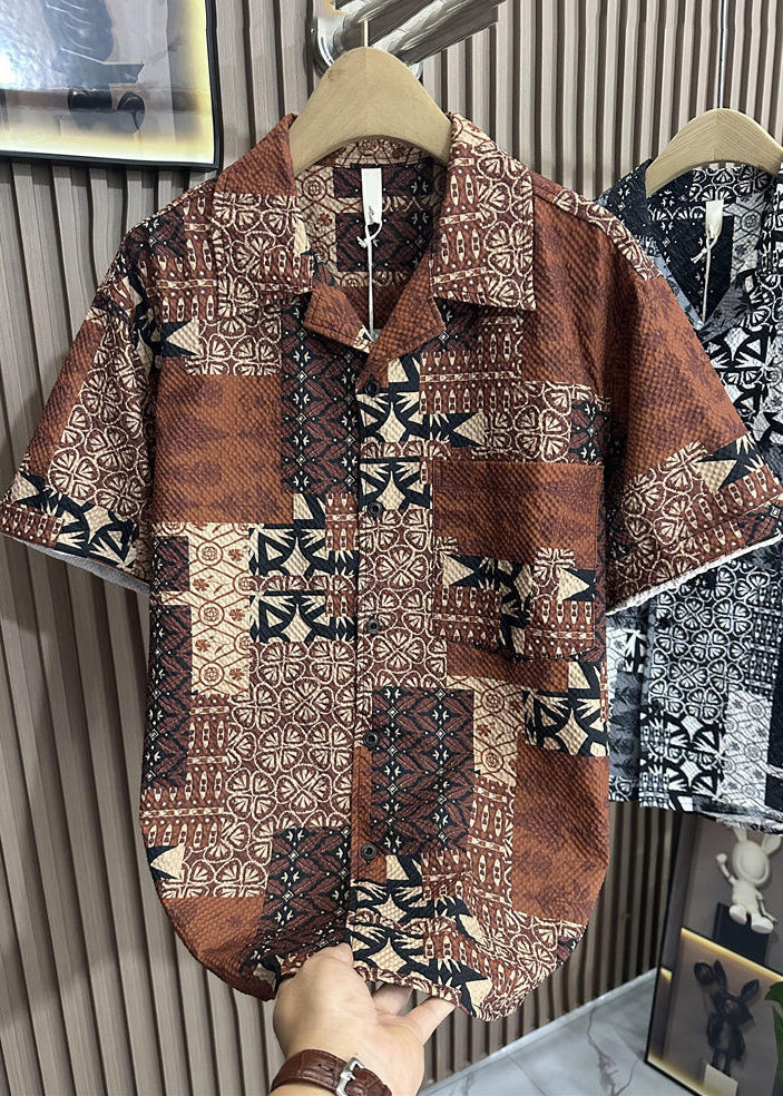 Style Coffee Peter Pan Collar Print Pockets Cotton Men Shirts Summer