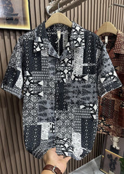 Style Coffee Peter Pan Collar Print Pockets Cotton Men Shirts Summer