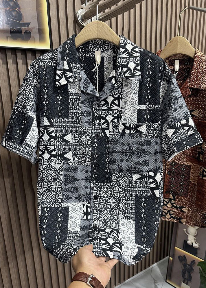 Style Coffee Peter Pan Collar Print Pockets Cotton Men Shirts Summer