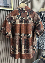 Style Coffee Peter Pan Collar Print Pockets Cotton Men Shirts Summer