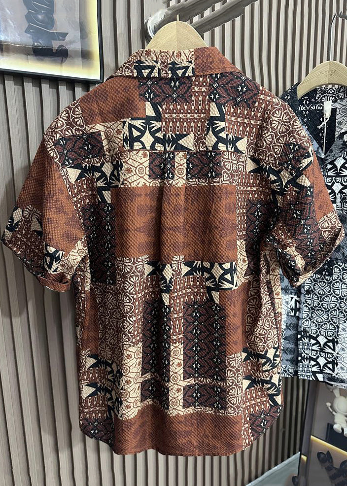 Style Coffee Peter Pan Collar Print Pockets Cotton Men Shirts Summer