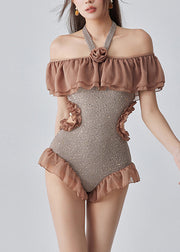 Style Coffee Ruffled Patchwork Sequins Bodysuit