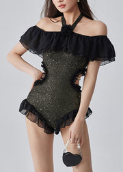 Style Coffee Ruffled Patchwork Sequins Bodysuit
