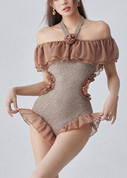 Style Coffee Ruffled Patchwork Sequins Bodysuit