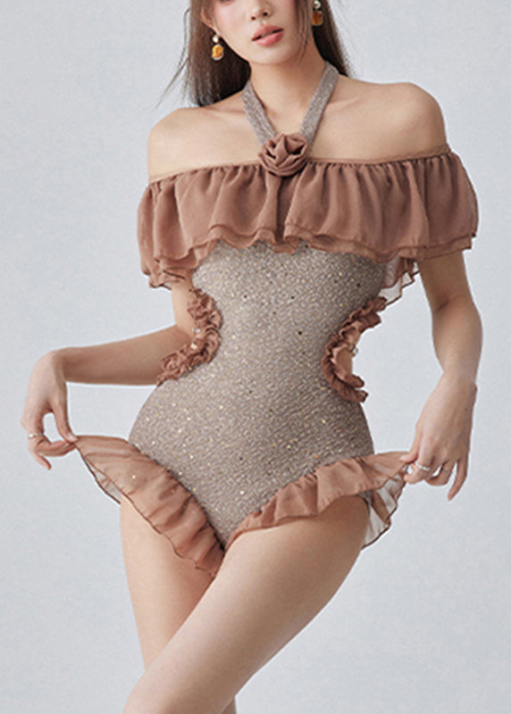 Style Coffee Ruffled Patchwork Sequins Bodysuit