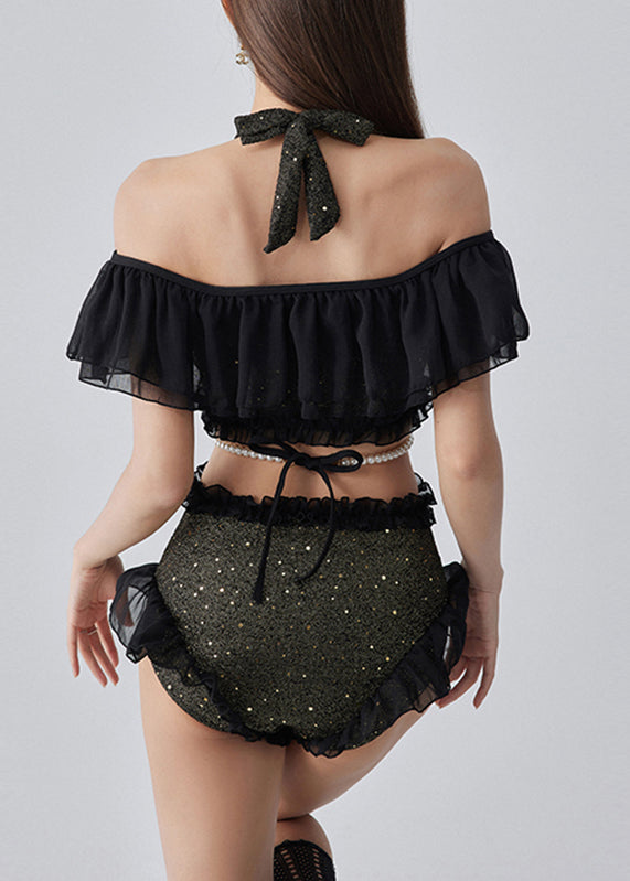 Style Coffee Ruffled Patchwork Sequins Bodysuit