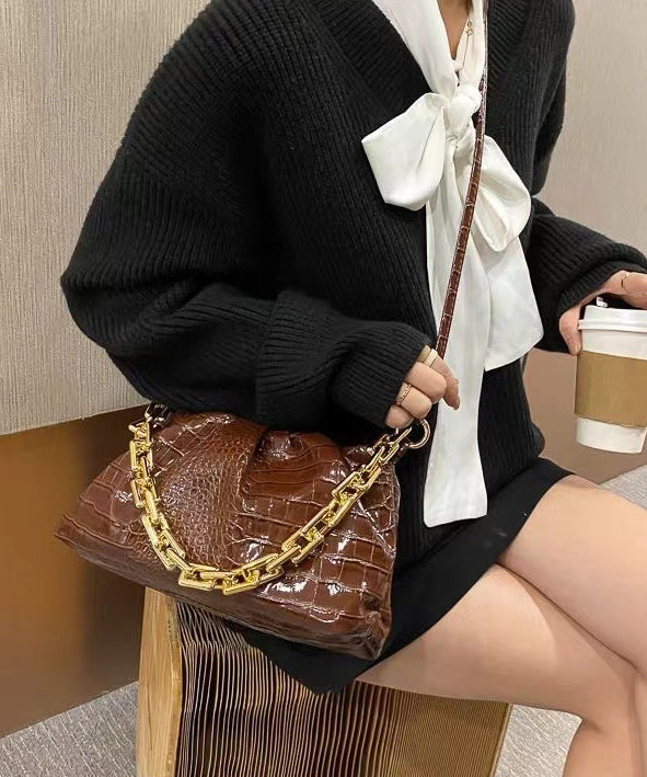 Style Coffee Solid Durable Chain Linked Faux Leather Tote Bag