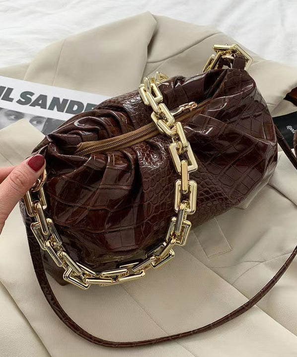 Style Coffee Solid Durable Chain Linked Faux Leather Tote Bag