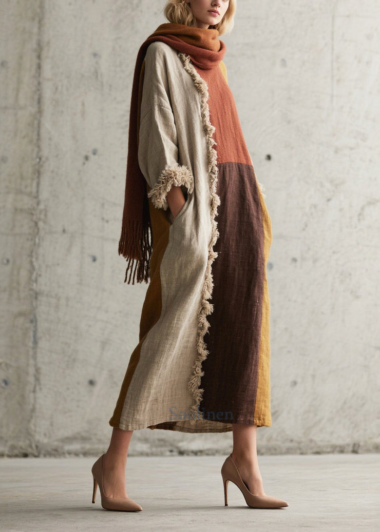Style Colorblock Oversized Patchwork Faux Fur Long Dresses Fall