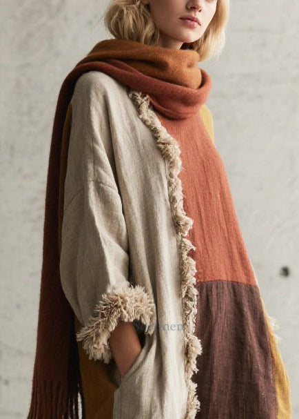 Style Colorblock Oversized Patchwork Faux Fur Long Dresses Fall
