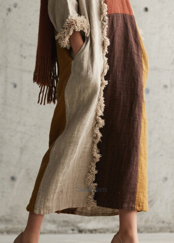 Style Colorblock Oversized Patchwork Faux Fur Long Dresses Fall