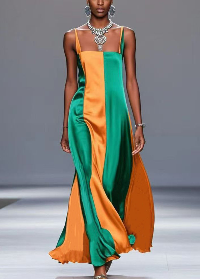 Style Colorblock Patchwork Wrinkled Silk Cami Dresses Summer