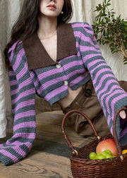 Style Colorblock Peter Pan Collar Striped Button Knit Tops Fall