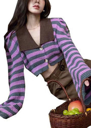 Style Colorblock Peter Pan Collar Striped Button Knit Tops Fall