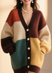 Style Colorblock V Neck Button Patchwork Knit Cardigan Fall