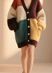 Style Colorblock V Neck Button Patchwork Knit Cardigan Fall