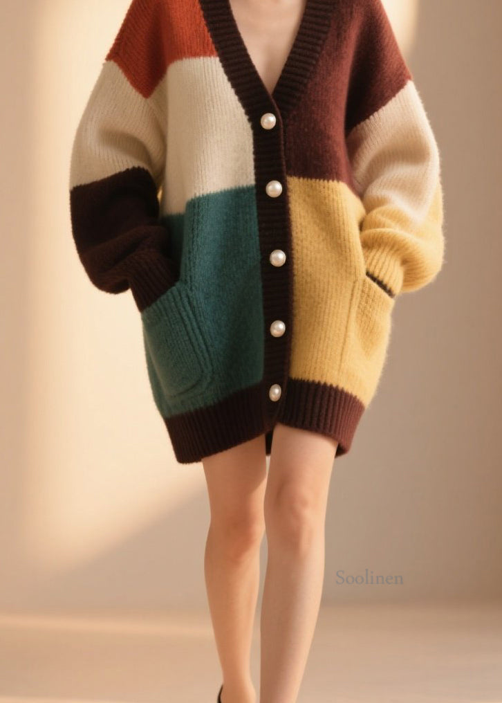 Style Colorblock V Neck Button Patchwork Knit Cardigan Fall