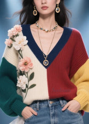 Style Colorblock V Neck Floral Knit Pullover Fall
