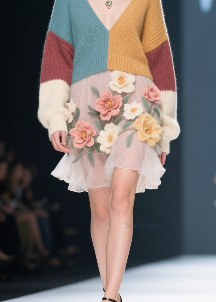 Style Colorblock V Neck Tulle Floral Knit Sweater Dress Fall