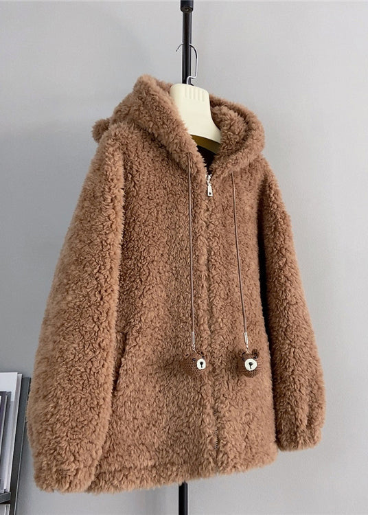 Style Cute Coffee Zippered Wool Hoodie Coat Winter