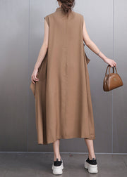 Style Deep Khaki Peter Pan Collar Long Dresses Sleeveless