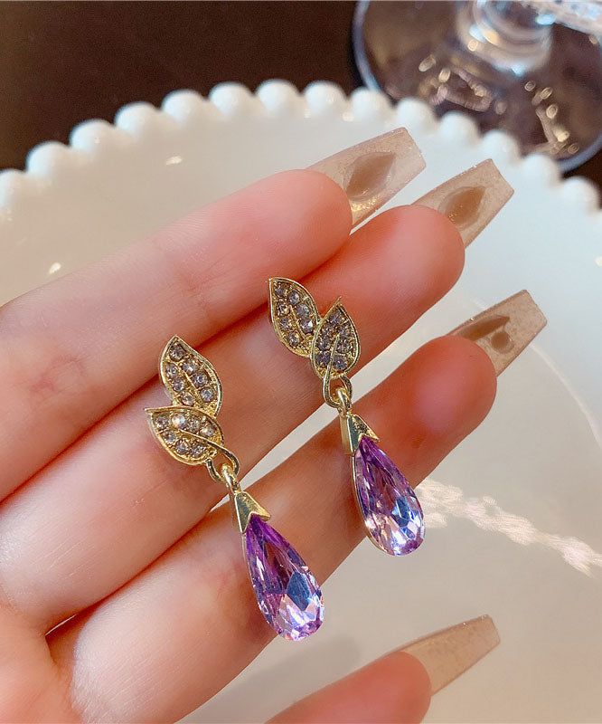 Style Gold Copper Inlaid Zircon Crystal Leaves Water Drop Drop Earrings