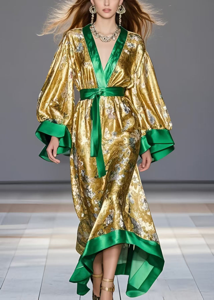 Style Golden Cinched Patchwork Silk Maxi Dresses Spring