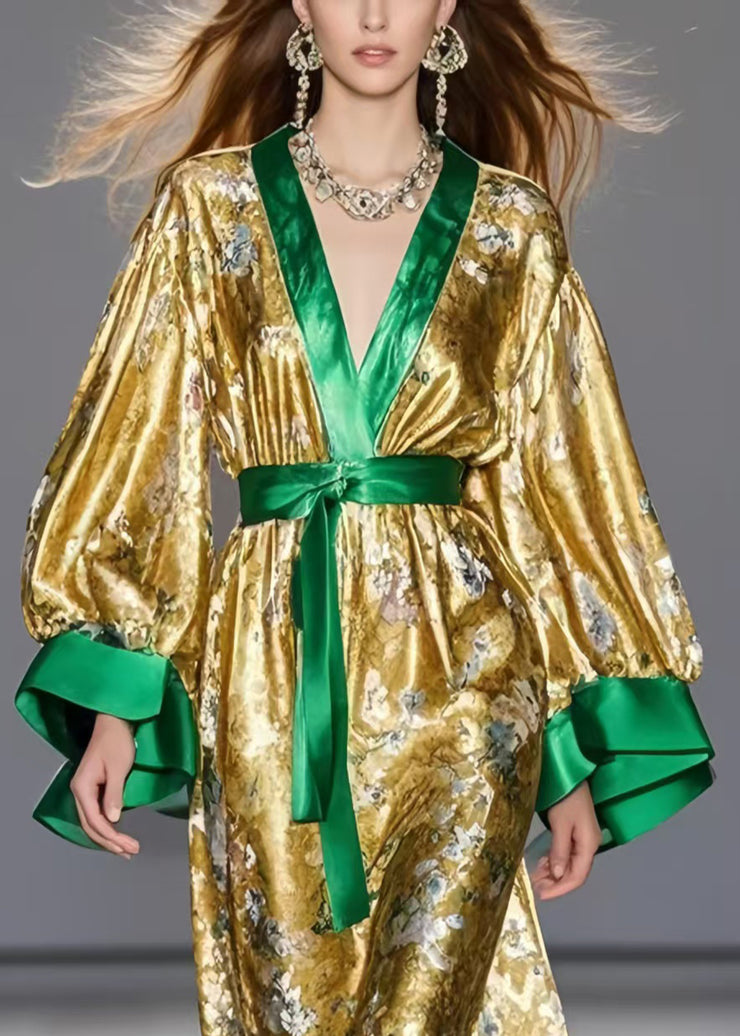 Style Golden Cinched Patchwork Silk Maxi Dresses Spring