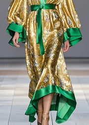 Style Golden Cinched Patchwork Silk Maxi Dresses Spring