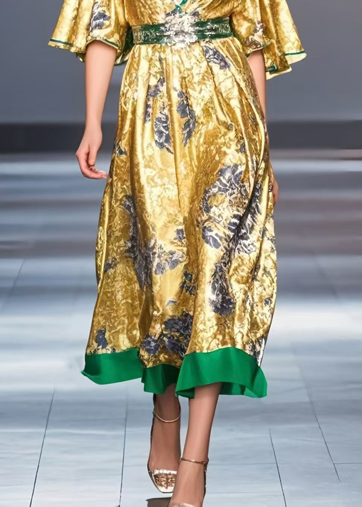 Style Golden V Neck Print Silk Holiday Dress Flare Sleeve
