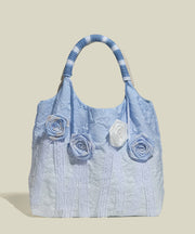 Style Gradient Blue Flower Decorated Lace Cotton Tote Bags