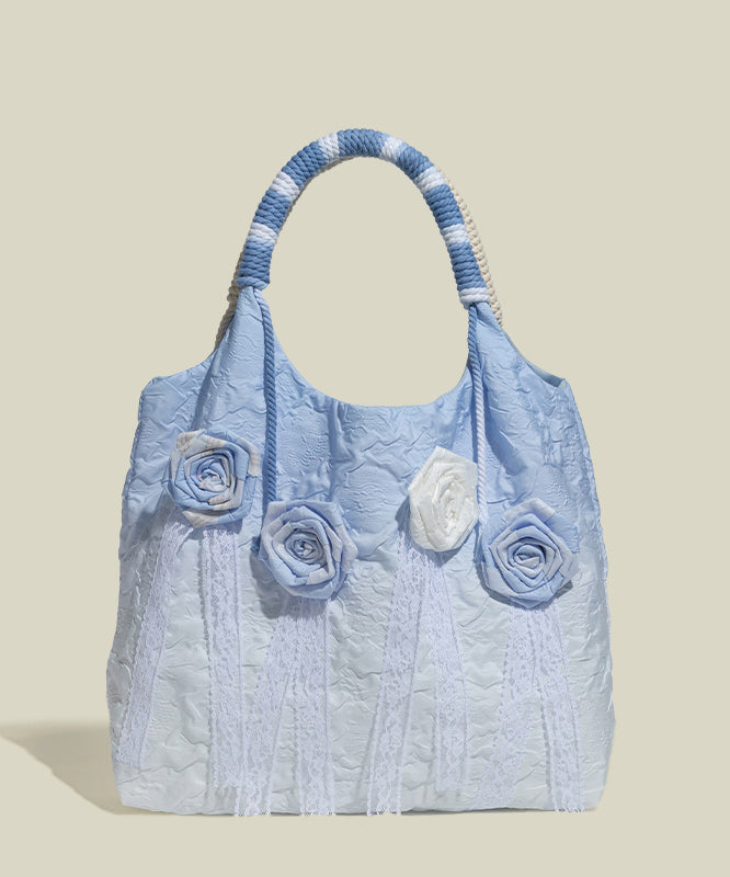 Style Gradient Blue Flower Decorated Lace Cotton Tote Bags
