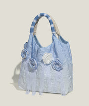 Style Gradient Blue Flower Decorated Lace Cotton Tote Bags