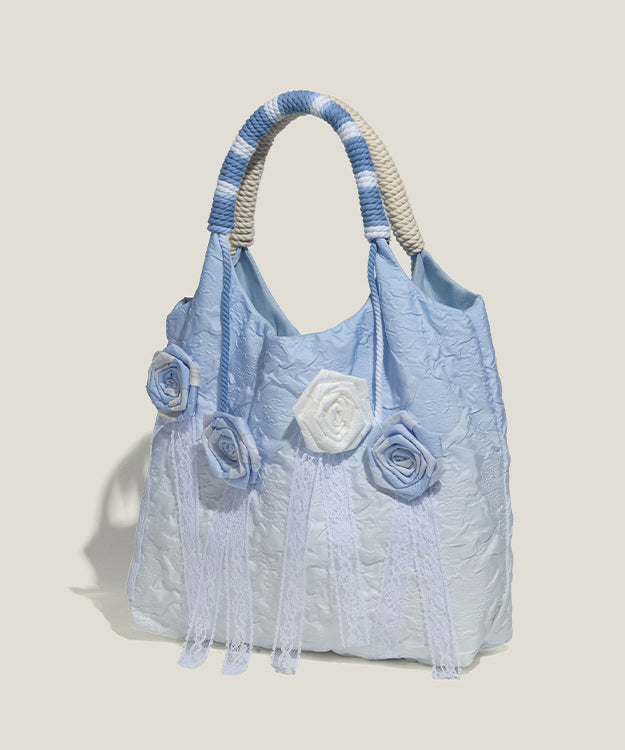 Style Gradient Blue Flower Decorated Lace Cotton Tote Bags
