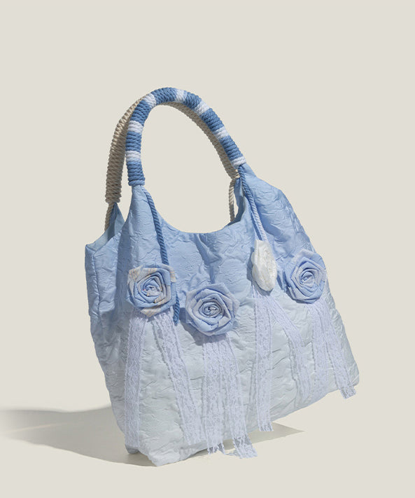 Style Gradient Blue Flower Decorated Lace Cotton Tote Bags