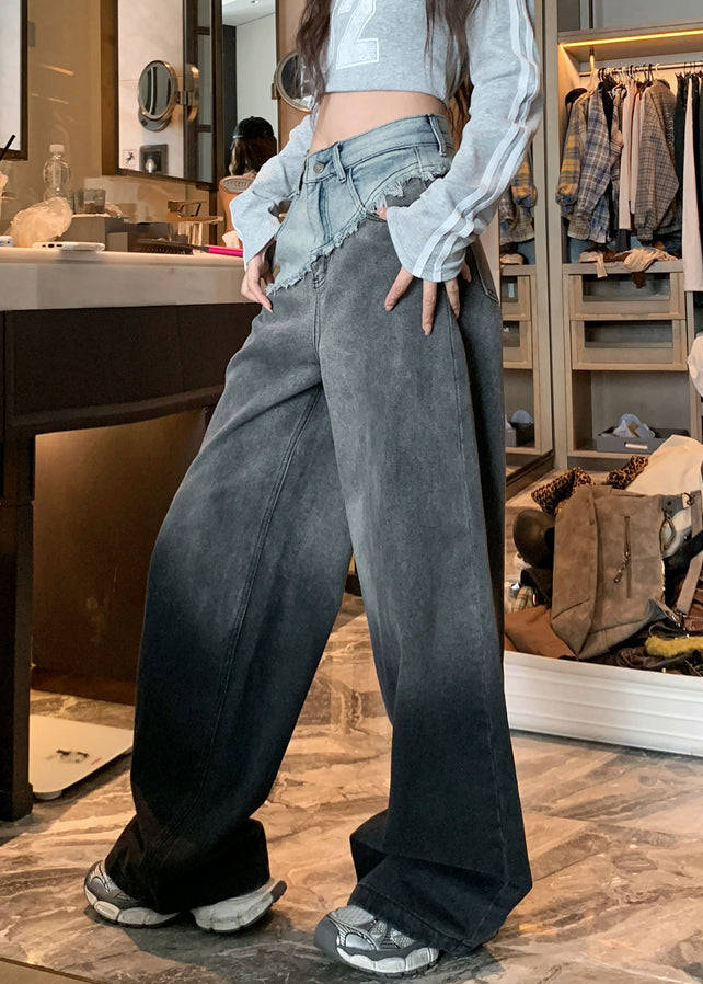 Style Gradient Color Patchwork Denim Wide Leg Pants Fall