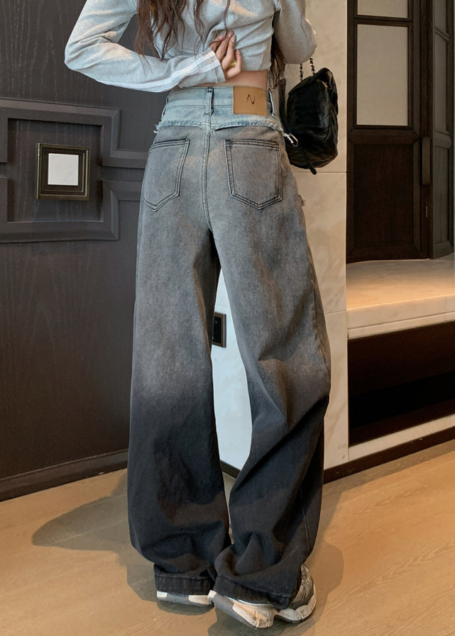 Style Gradient Color Patchwork Denim Wide Leg Pants Fall
