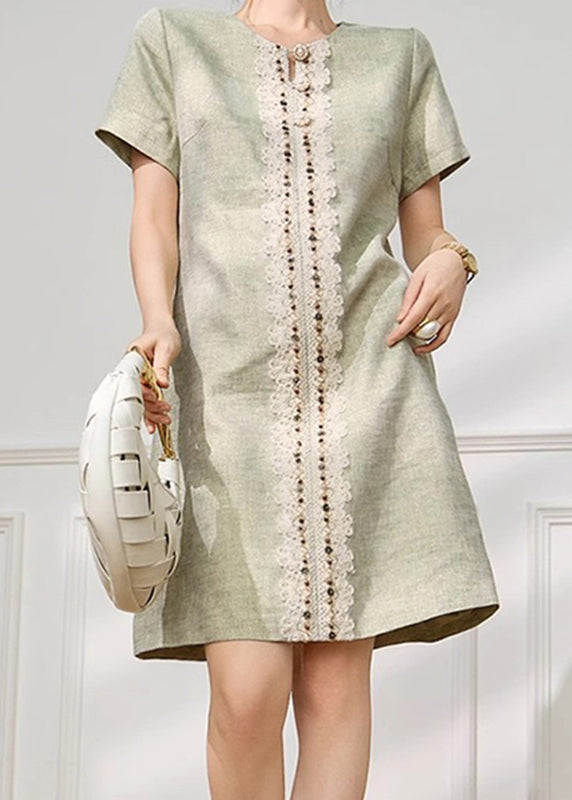 Style Green Lace Nail Bead Patchwork Mid Dresses Short Sleeve