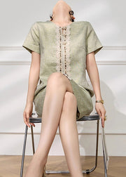 Style Green Lace Nail Bead Patchwork Mid Dresses Short Sleeve