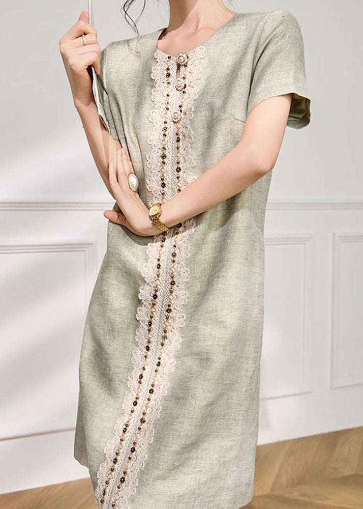 Style Green Lace Nail Bead Patchwork Mid Dresses Short Sleeve